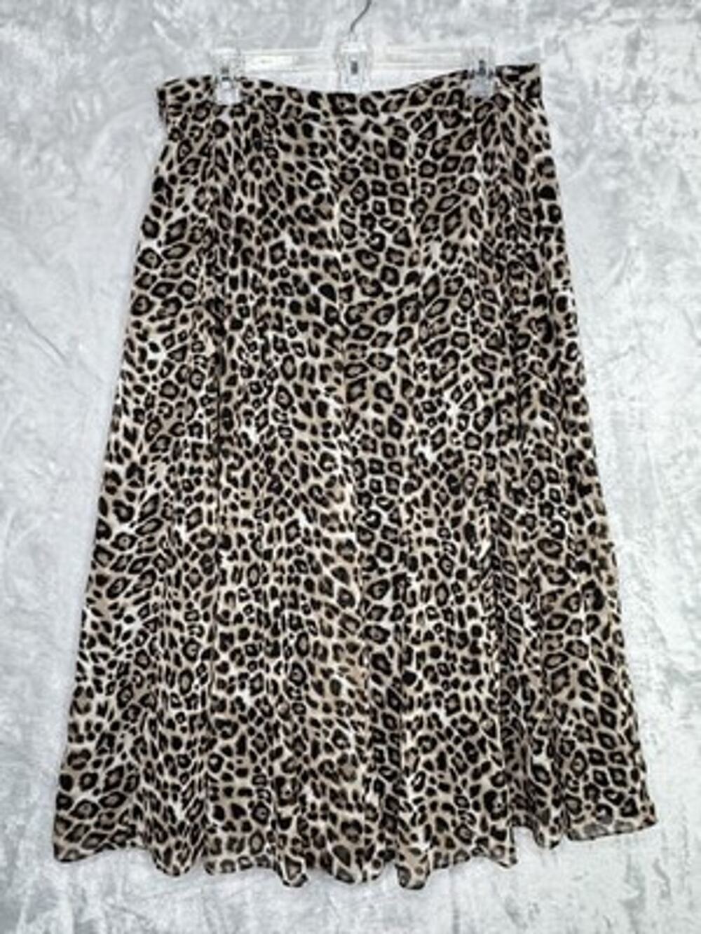 Chico's Skirt Womens 10 Brown Leopard Animal Print Pleated Chiffon Midi Lined
